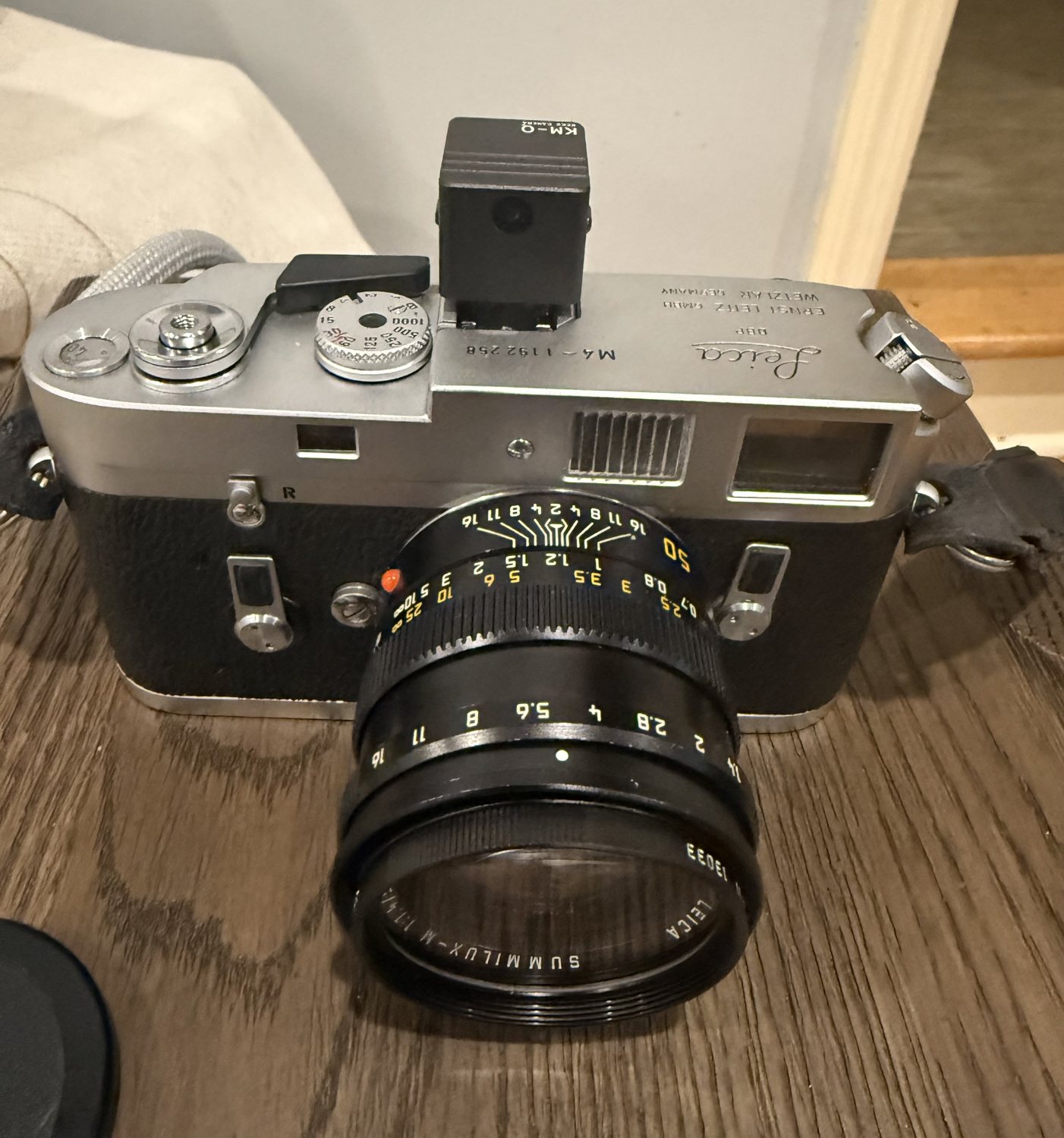 Three-quarter view of the M4 with the KEKS meter and Summilux lens